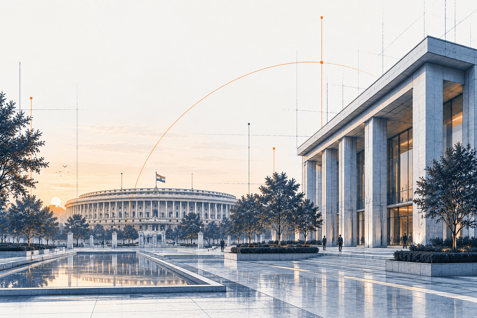 Architectural view of the Parliament building across a reflecting pool at sunrise, representing government and institutional engagement.