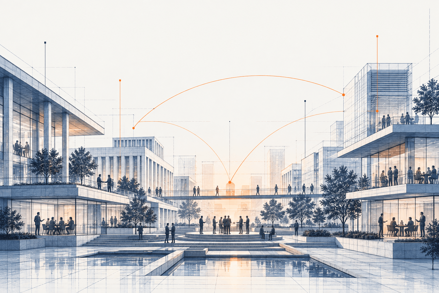 Connected architectural structures linked by a bridge at sunrise, representing strategic relationships and stakeholder engagement.