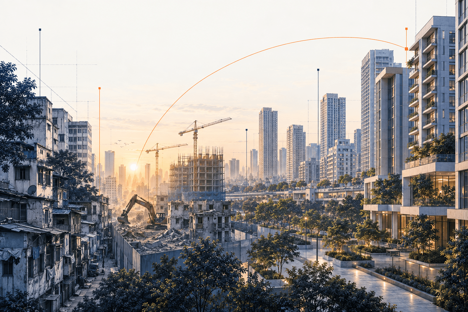 City rebuilding at dawn with urban development and new towers, representing real estate and development advisory.