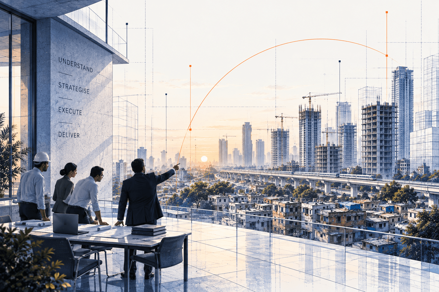 Strategic advisory team overlooking city construction at sunrise with Understand, Strategise, Execute, and Deliver engraved in stone.